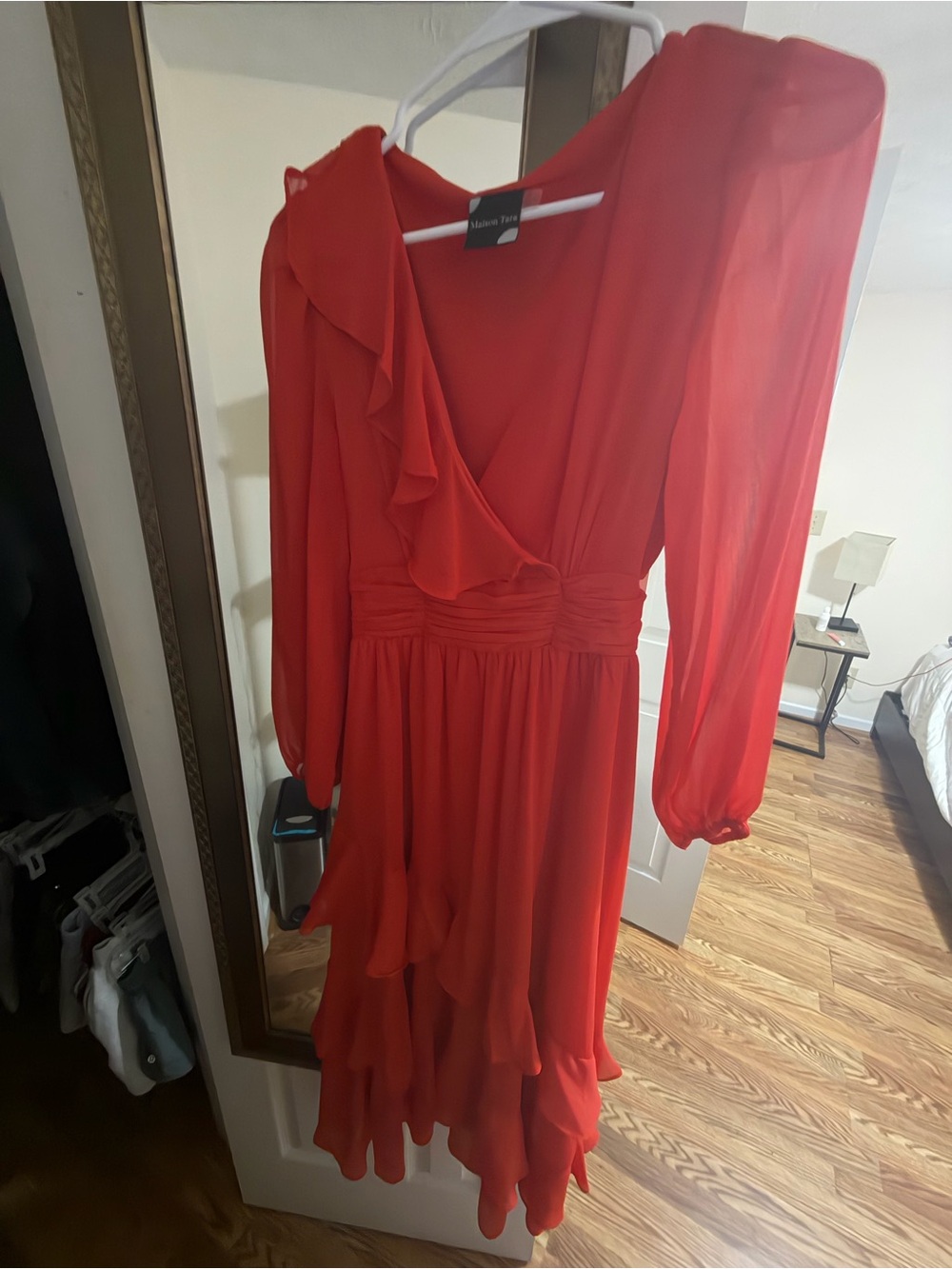 Maison Tara Vibrant Red Ruffle Wrap Midi Dress